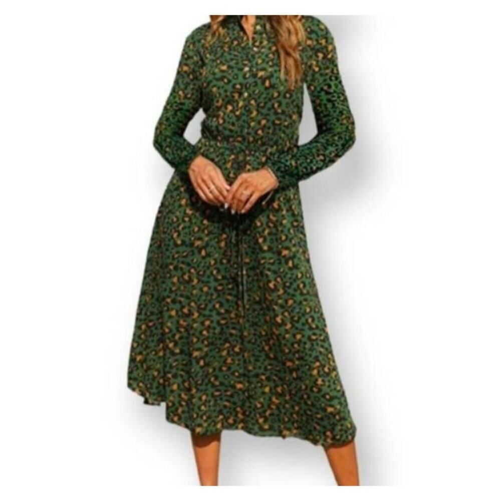 KIRUNDO GREEN LONG SLEEVE LEOPARD PRINT SHIRT DRESS SZ. L NWT.